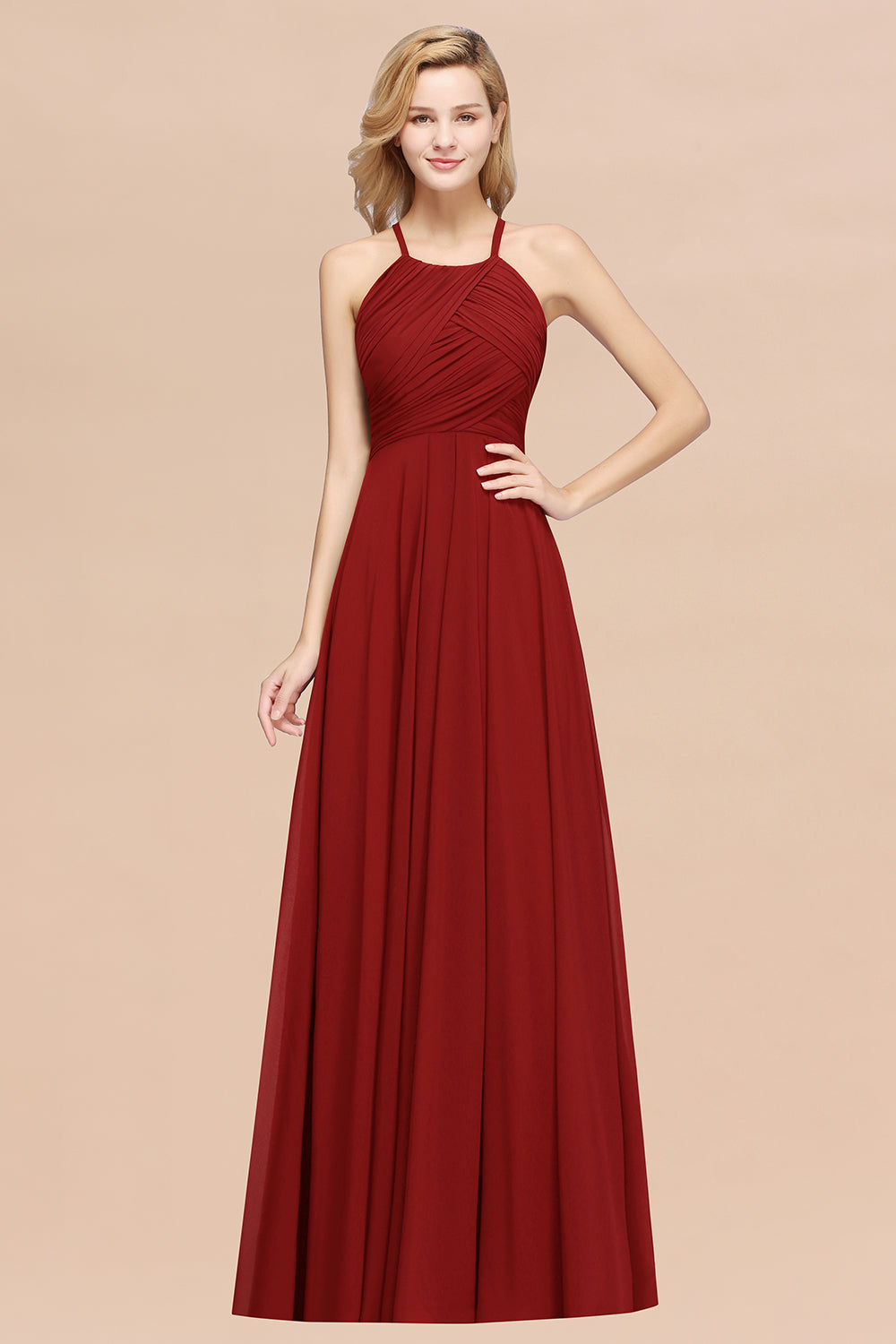 Red Halter Chiffon A-Line Long Bridesmaid Dress with Ruching