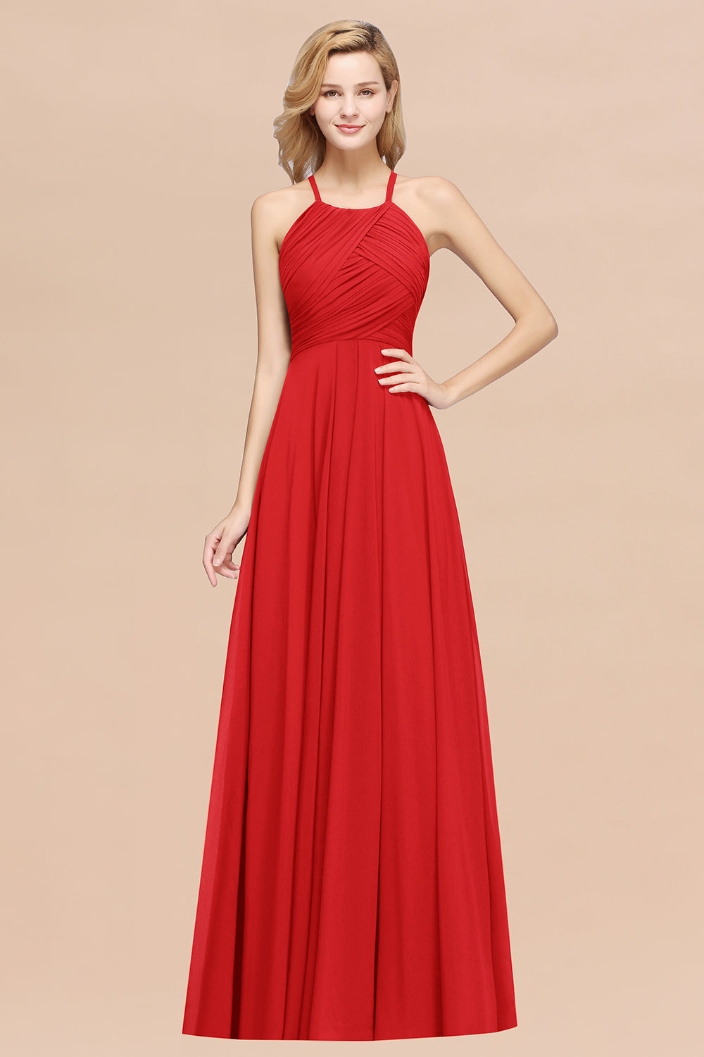 Red Halter Chiffon A-Line Long Bridesmaid Dress with Ruching
