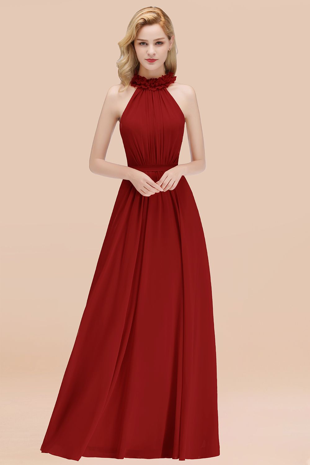 Red High Neck Chiffon A-Line Long Bridesmaid Dress
