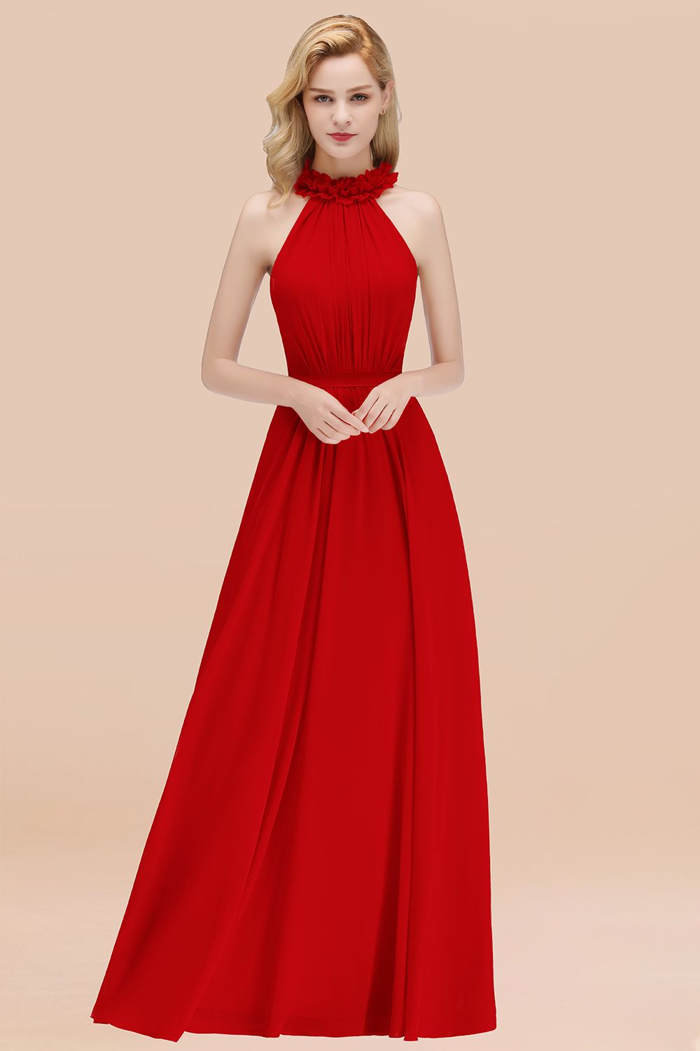 Red High Neck Chiffon A-Line Long Bridesmaid Dress