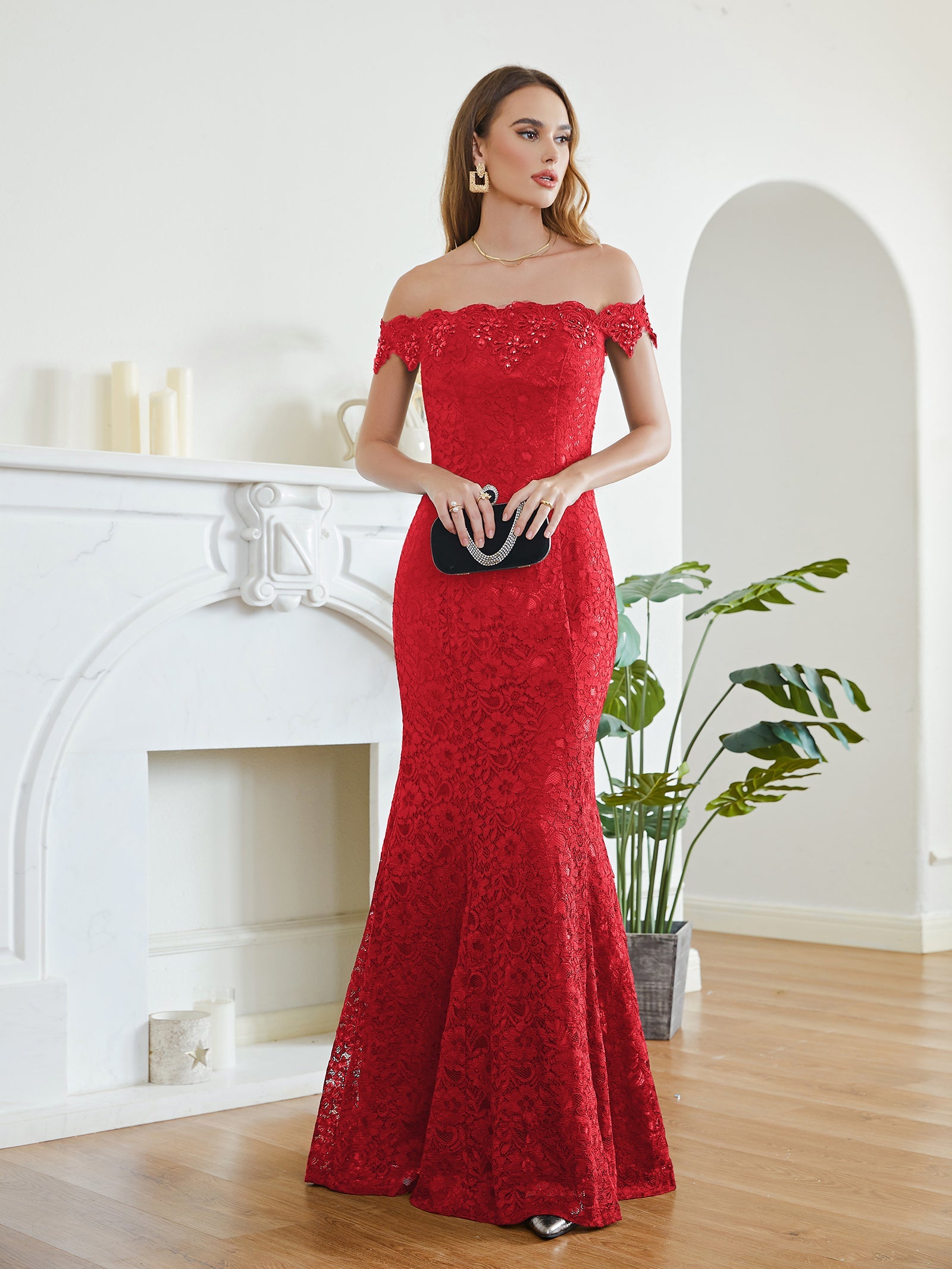 Red Off The Shoulder Lace Mermaid Long Prom Dress