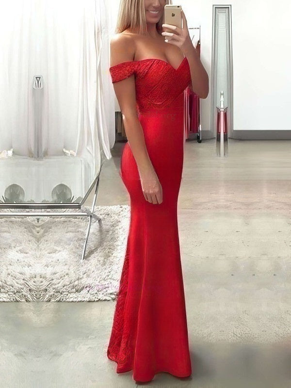 Red Off The Shoulder Mermaid Long Prom Dress with Lace Appliques and Sweep Train Side View