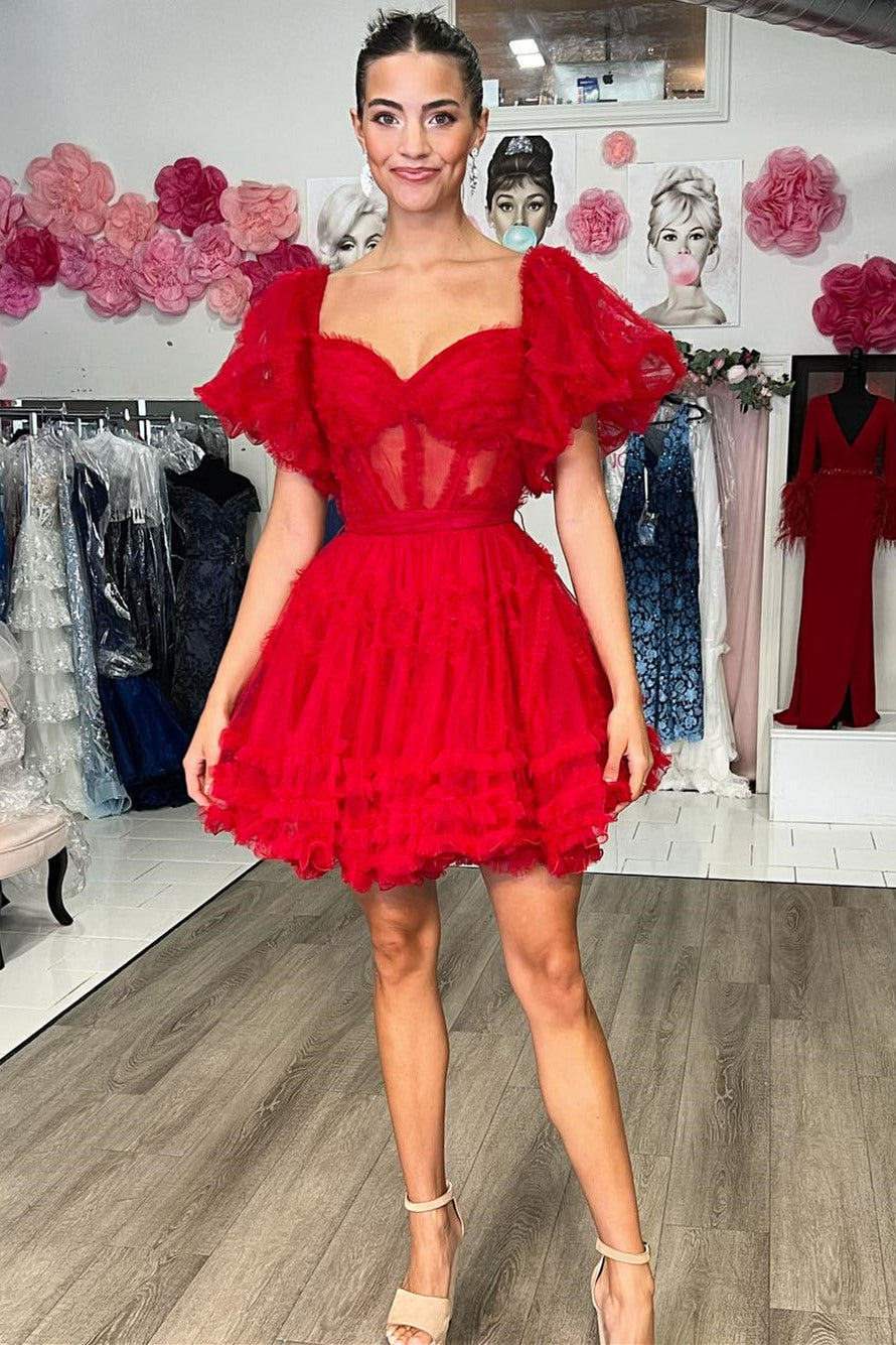 Red Off The Shoulder Tulle A-Line Homecoming Dress