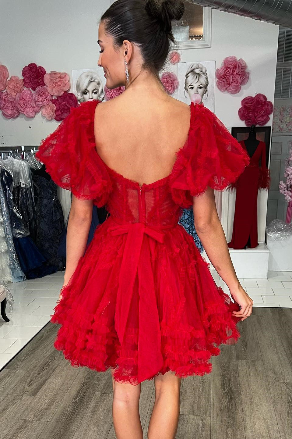 Red Off The Shoulder Tulle A-Line Homecoming Dress Back View