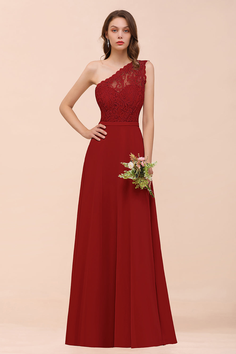 Red One Shoulder Chiffon A-Line Long Bridesmaid Dress