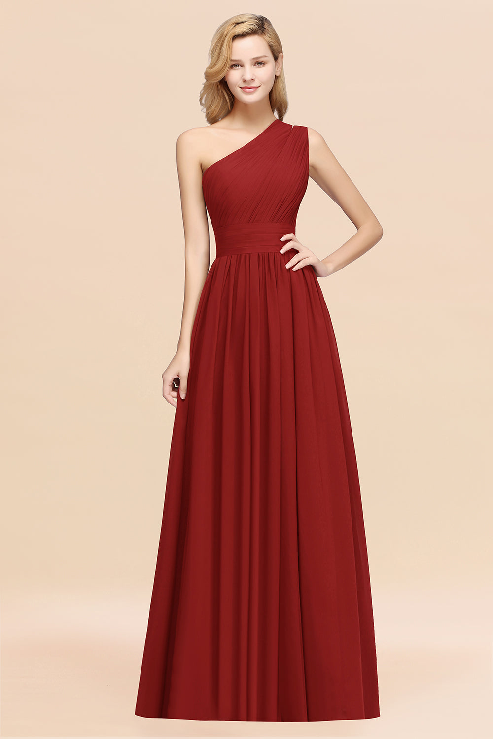Red One Shoulder Chiffon A-Line Long Bridesmaid Dress