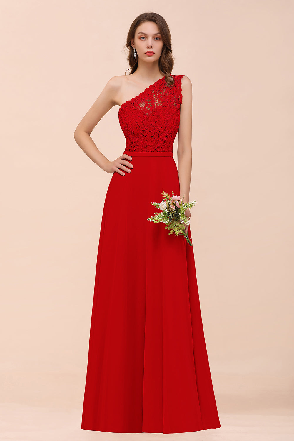 Red One Shoulder Chiffon A-Line Long Bridesmaid Dress