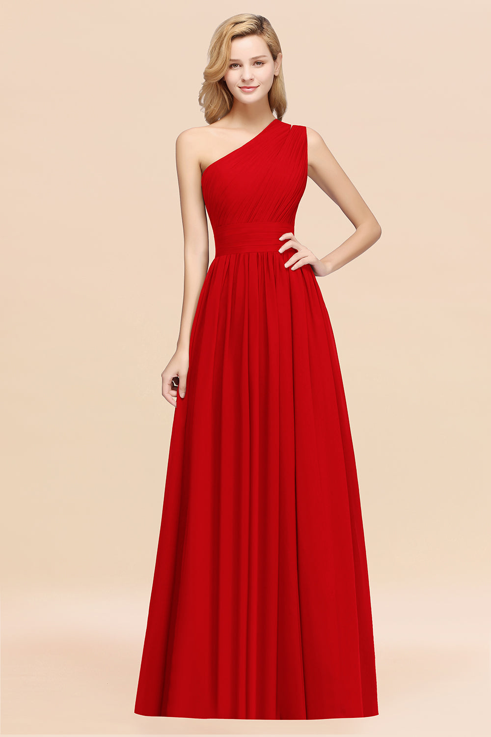 Red One Shoulder Chiffon A-Line Long Bridesmaid Dress