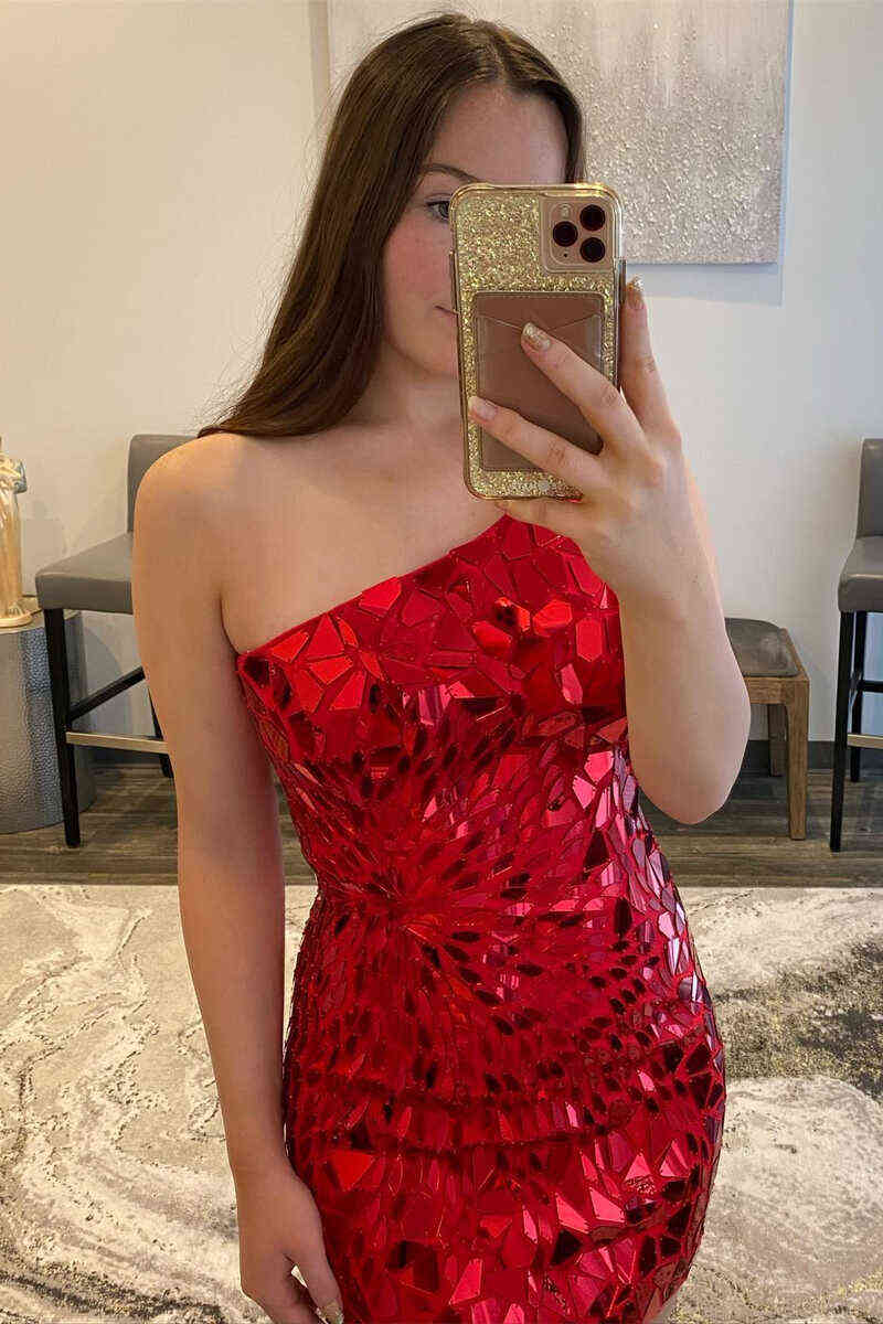 Red One Shoulder Sequin Bodycon Homecoming Dress Bodice Detail