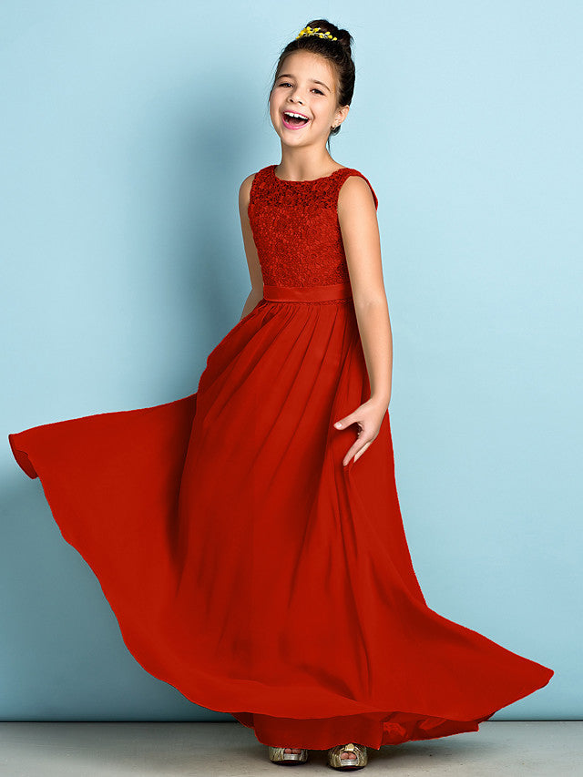 Red Scoop Neck Chiffon A-Line Flower Girl Dress