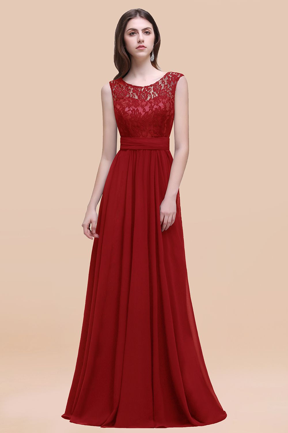Red Scoop Neck Chiffon A-Line Long Bridesmaid Dress