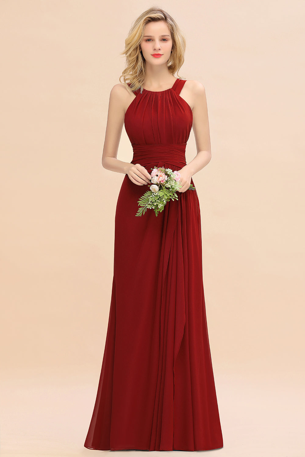 Red Scoop Neck Chiffon A-Line Long Bridesmaid Dress