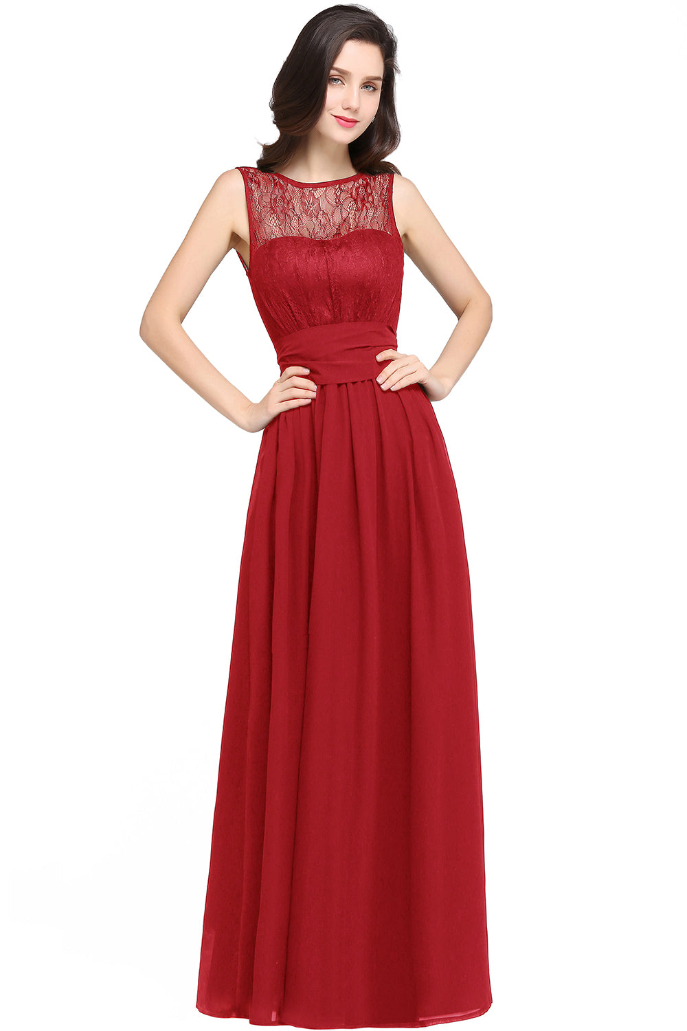 Red Scoop Neck Chiffon A-Line Long Bridesmaid Dress
