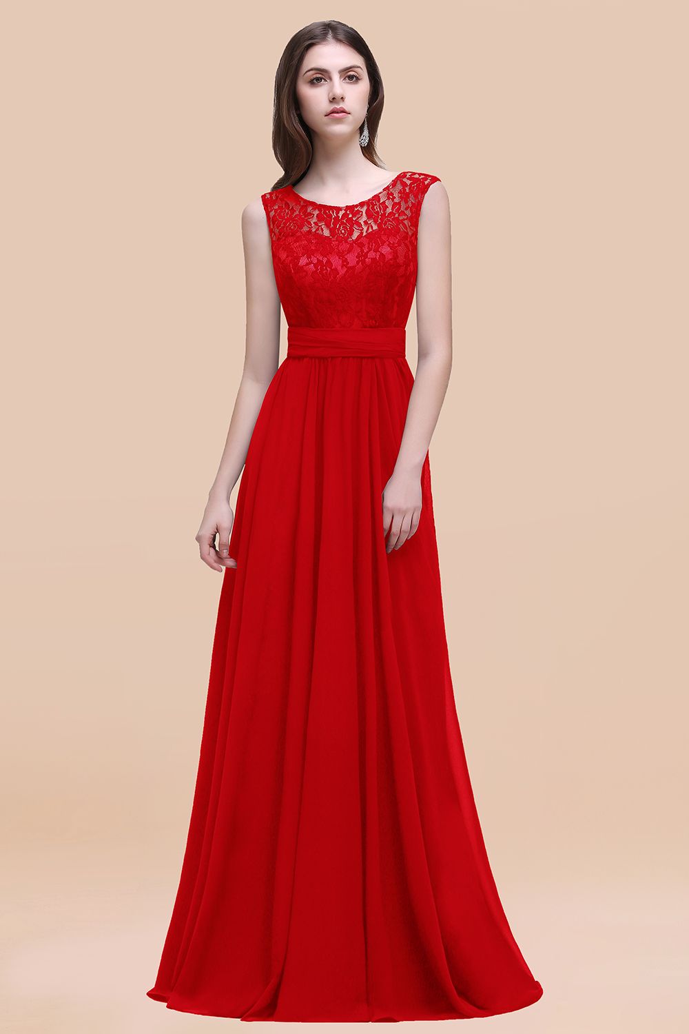 Red Scoop Neck Chiffon A-Line Long Bridesmaid Dress