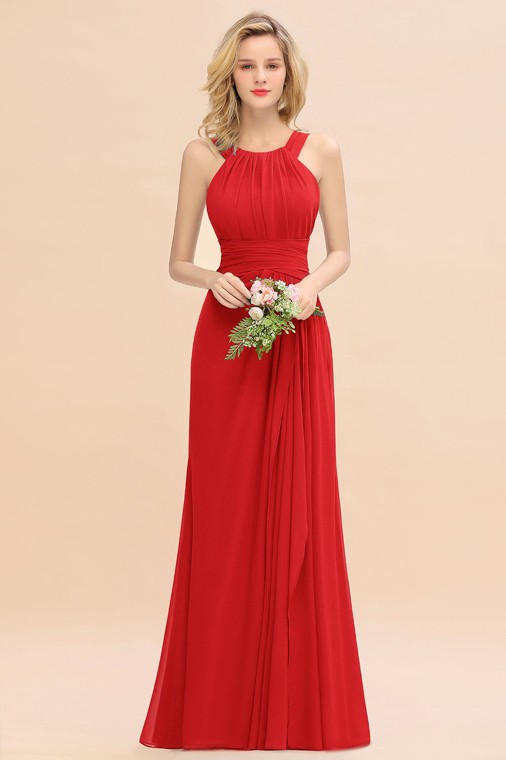 Red Scoop Neck Chiffon A-Line Long Bridesmaid Dress