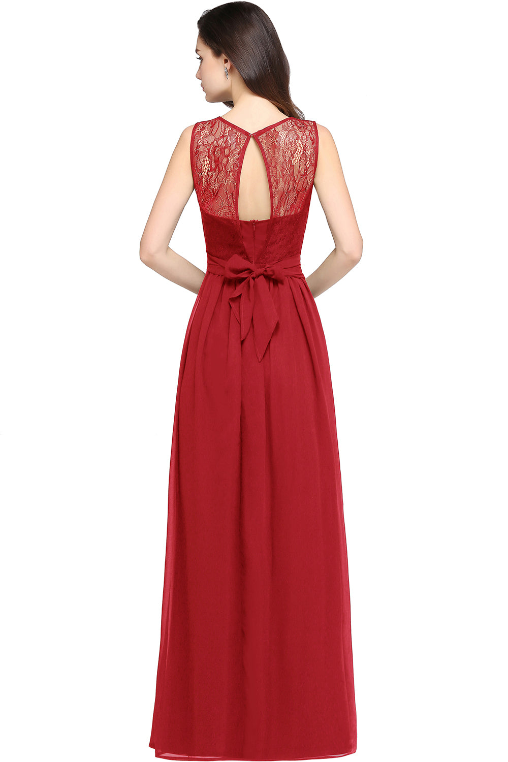 Red Scoop Neck Chiffon A-Line Long Bridesmaid Dress Back View