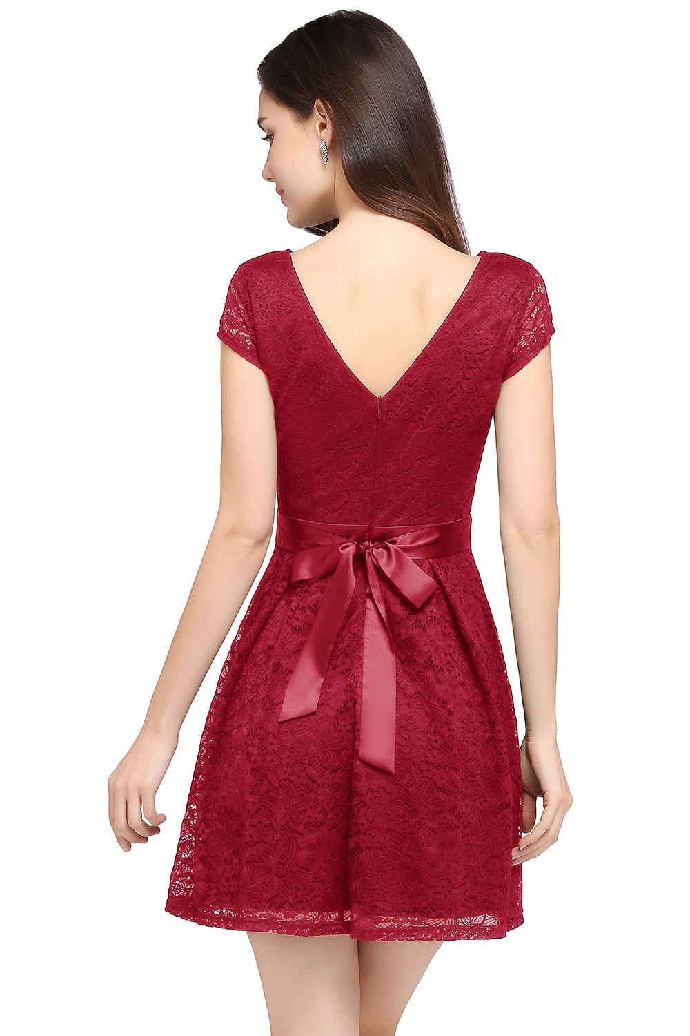 Red Scoop Neck Lace A-Line Short Bridesmaid Dress Back View