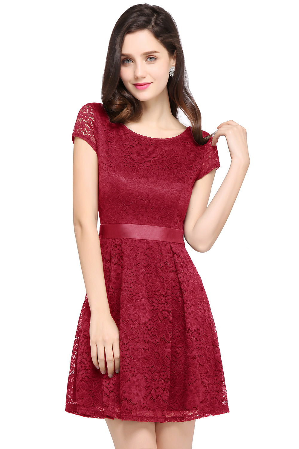 Red Scoop Neck Lace A-Line Short Bridesmaid Dress