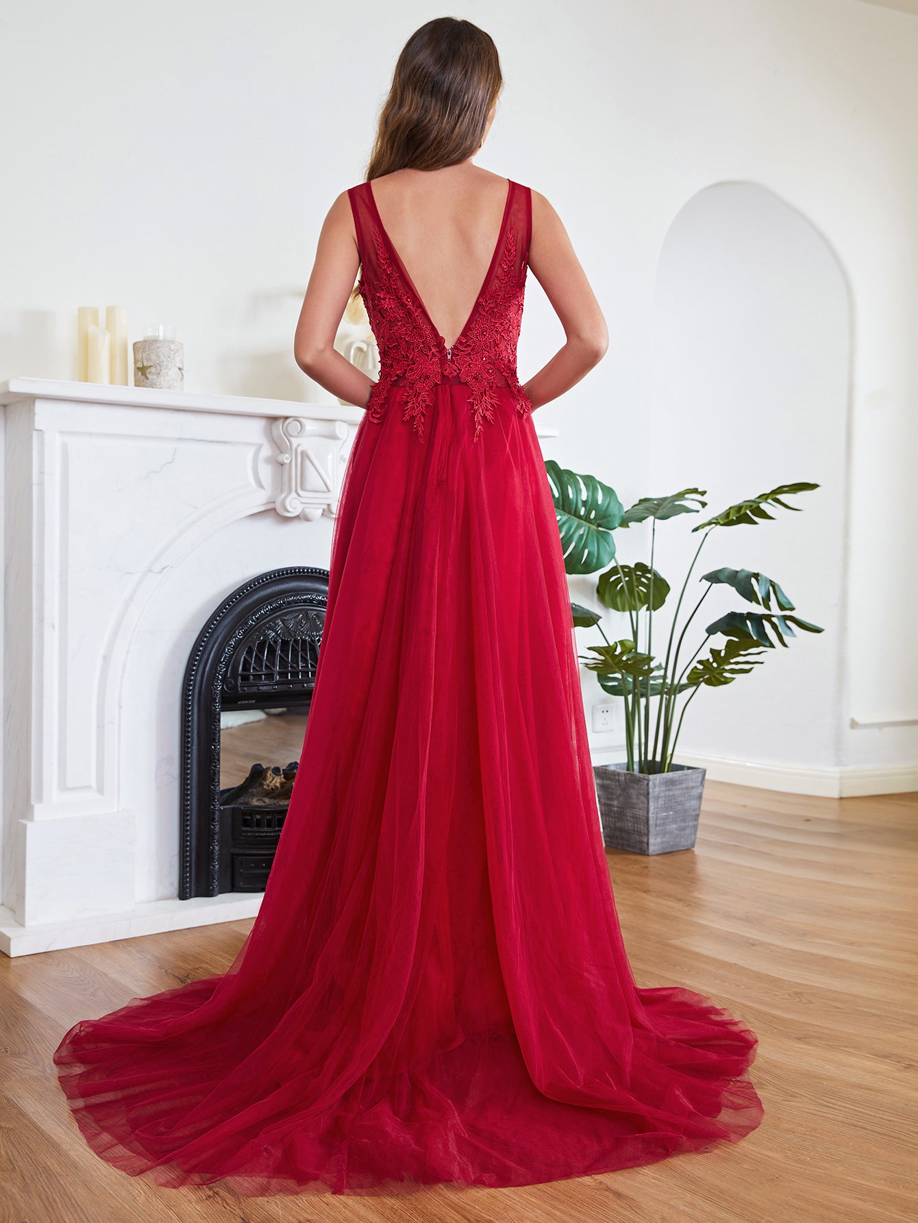 Red Scoop Neck Tulle A-Line Long Bridesmaid Dress Back View