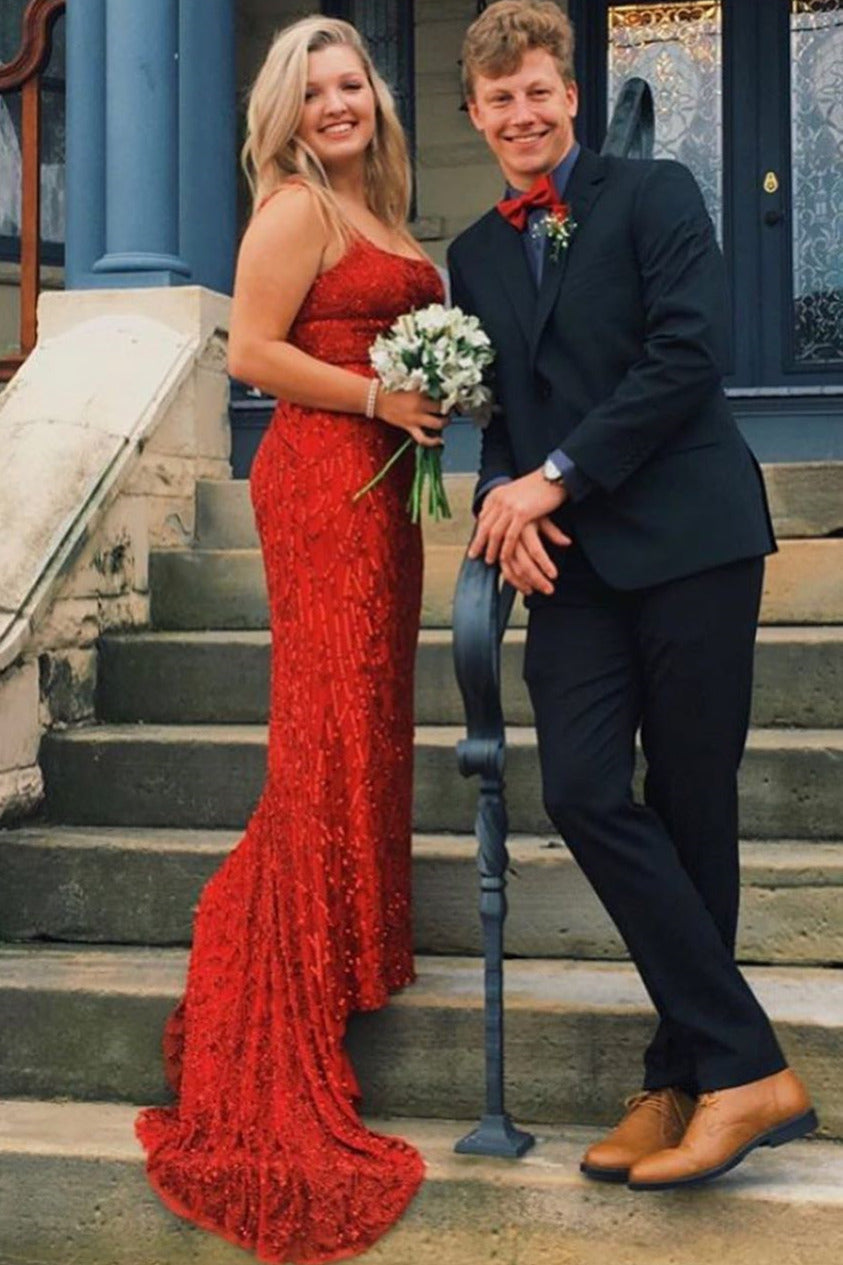Red Spaghetti Strap Sequin Mermaid Long Prom Dress