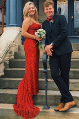 Red Spaghetti Strap Sequin Mermaid Long Prom Dress