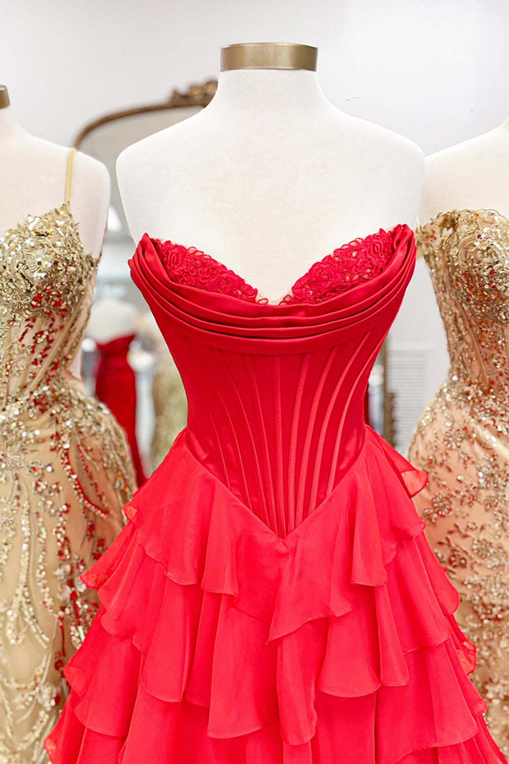 Red Sweetheart A-Line Long Prom Dress with Slit Bodice Detail