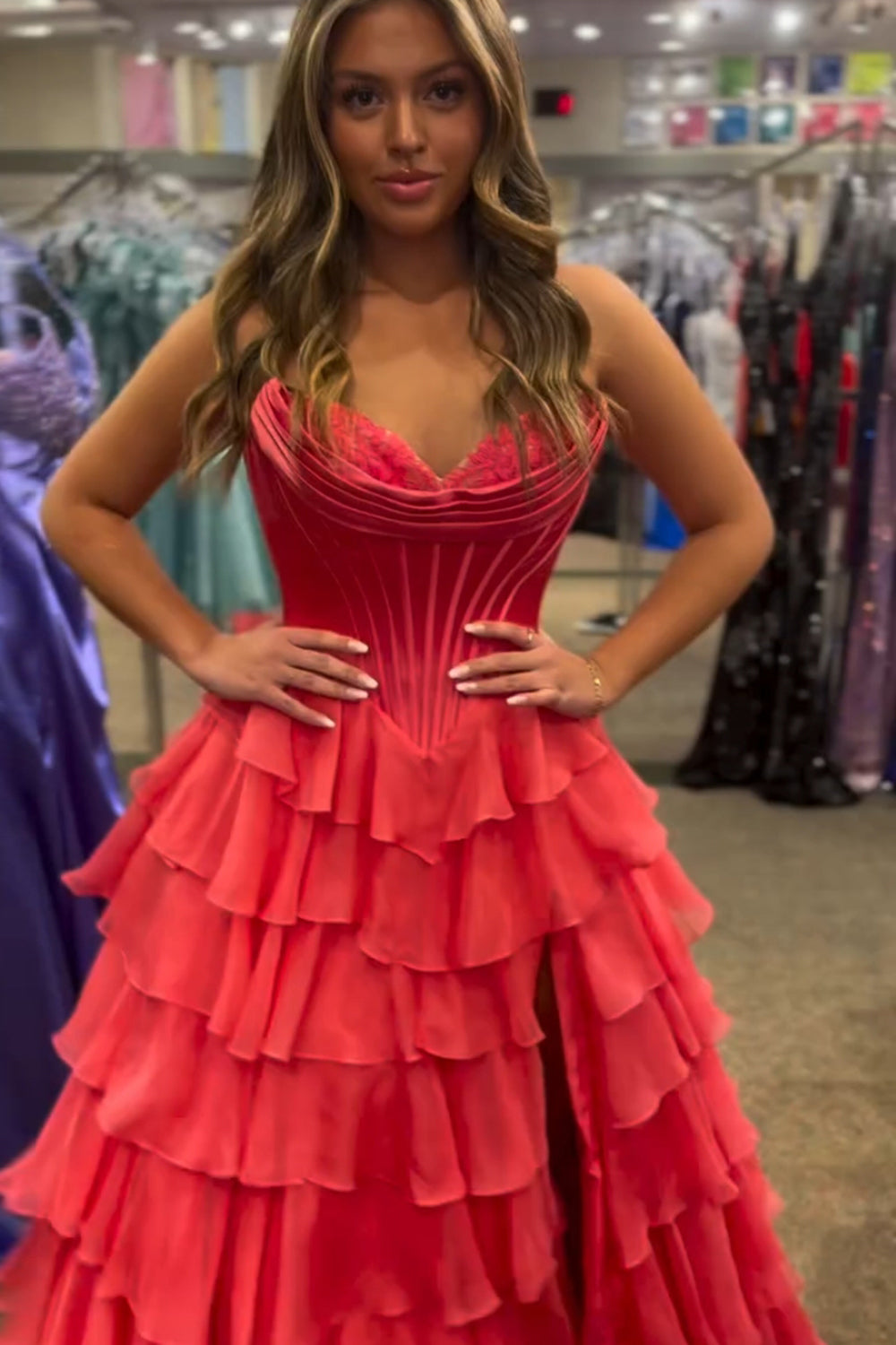 Red Sweetheart A-Line Long Prom Dress with Slit Bodice Detail