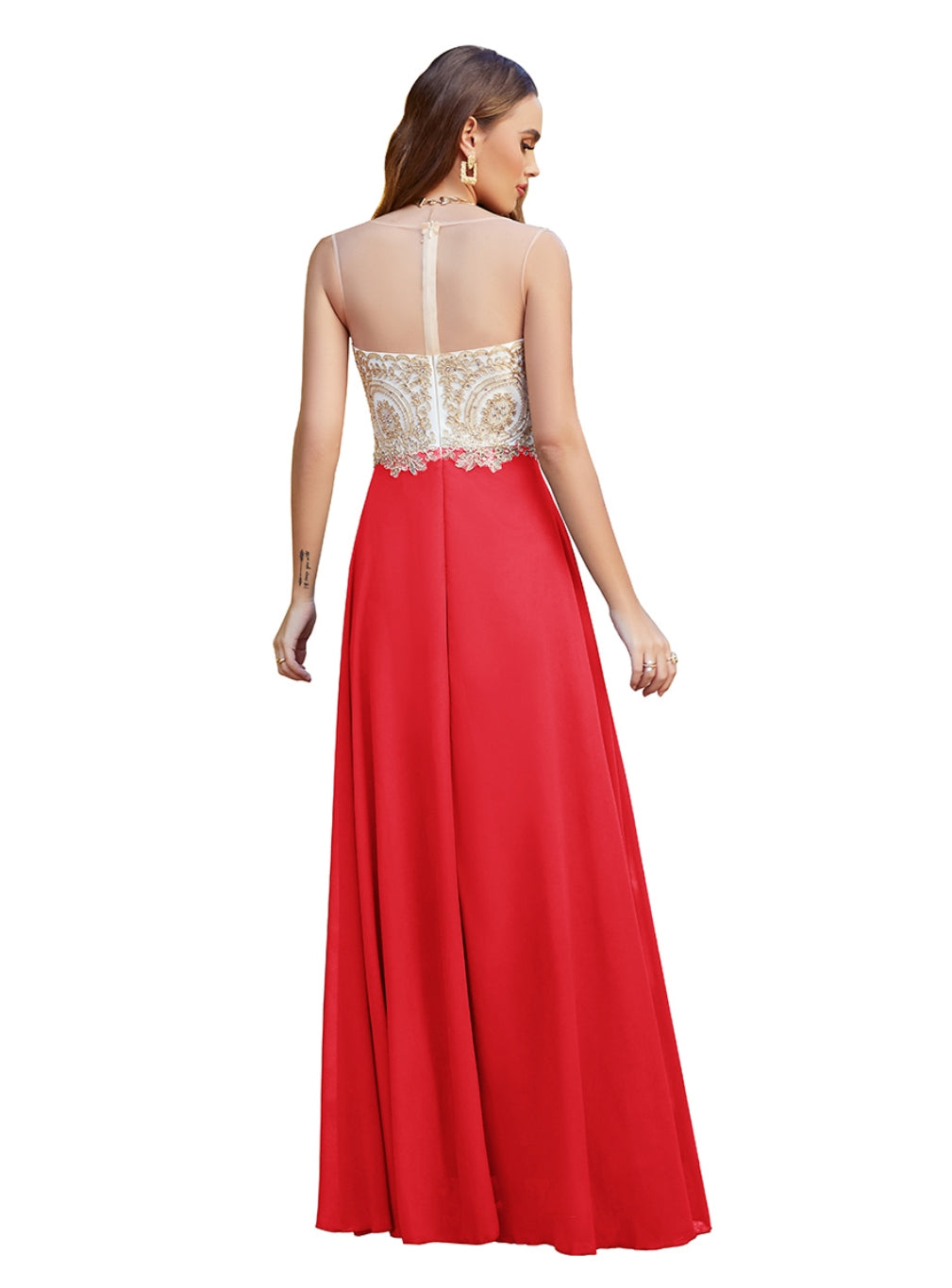 Red Sweetheart Chiffon A-Line Long Bridesmaid Dress Back View
