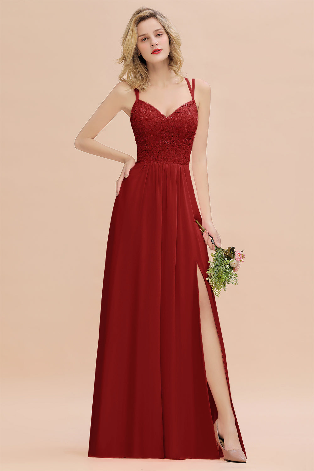 Red Sweetheart Chiffon A-Line Long Bridesmaid Dress with Slit