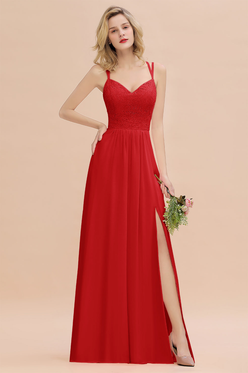 Red Sweetheart Chiffon A-Line Long Bridesmaid Dress with Slit