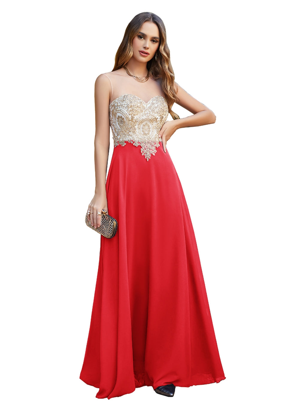 Red Sweetheart Chiffon A-Line Long Bridesmaid Dress