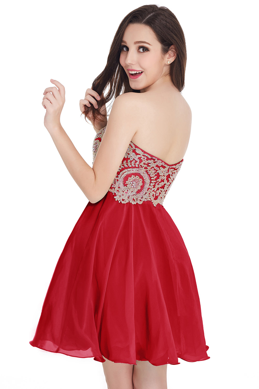 Red Sweetheart Chiffon A-Line Short Bridesmaid Dress Back View