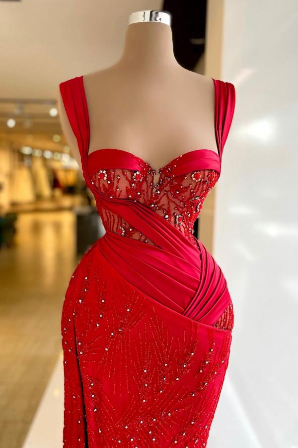 Red Sweetheart Mermaid Long Prom Dress with Beading and Slit Bodice Detail