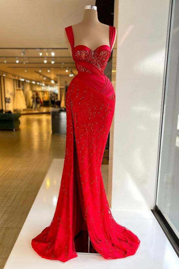 Red Sweetheart Mermaid Long Prom Dress with Beading and Slit