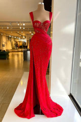 Red Sweetheart Mermaid Long Prom Dress with Beading and Slit