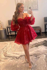 Red Sweetheart Sequin A-Line Homecoming Dress with Long Sleeves
