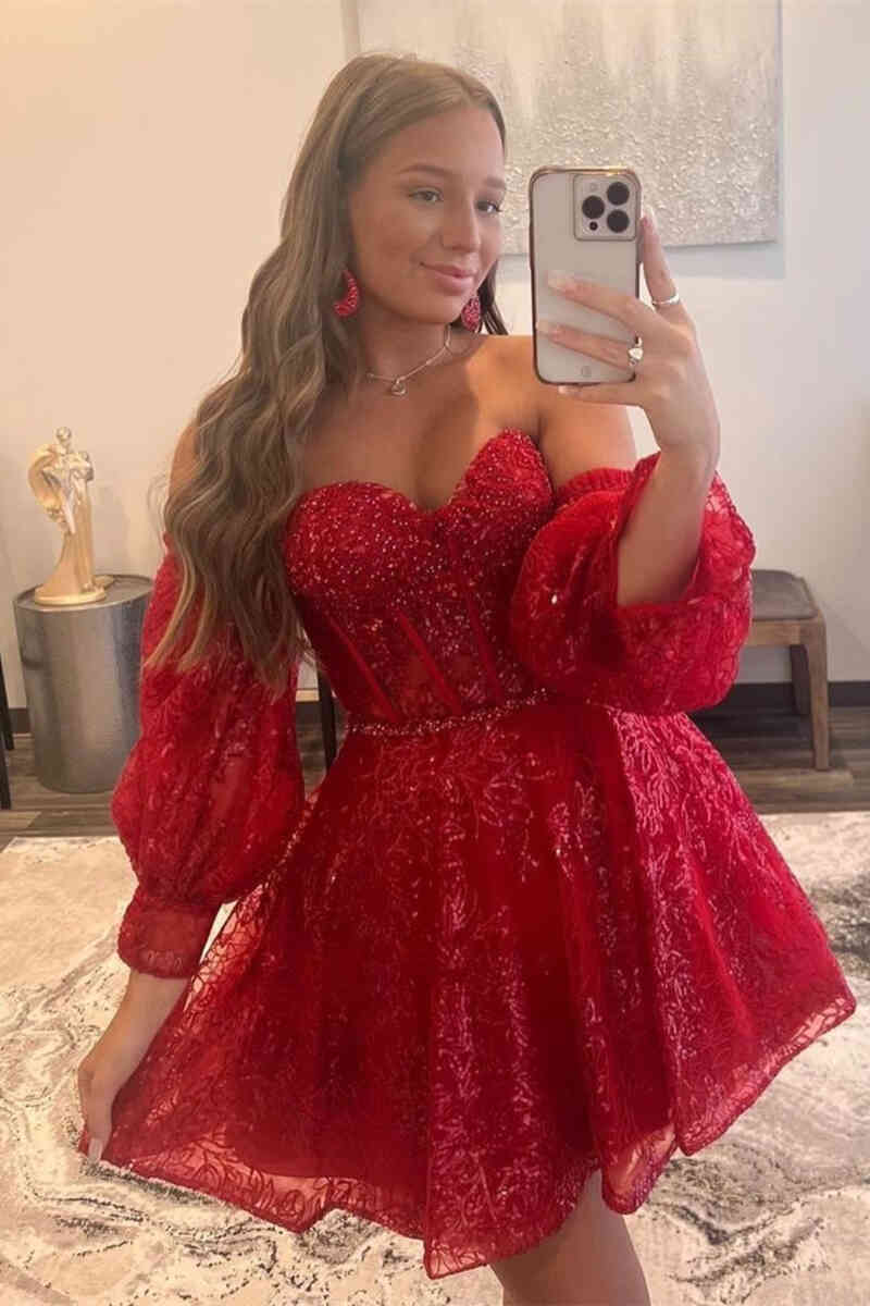 Red Sweetheart Sequin A-Line Homecoming Dress with Long Sleeves