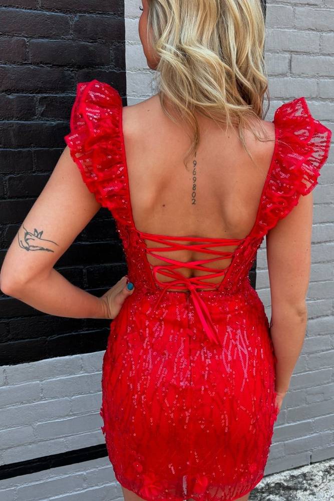 Red Sweetheart Sequin Bodycon Homecoming Dress with Lace Appliques Back View