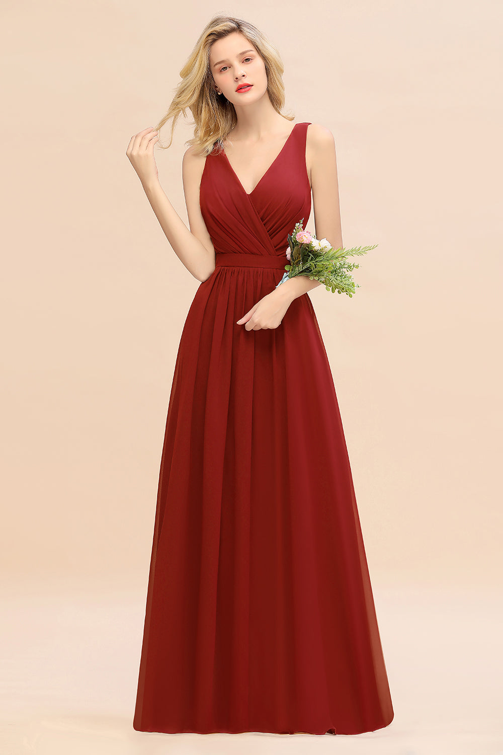 Red V-Neck Chiffon A-Line Long Bridesmaid Dress with Ruching