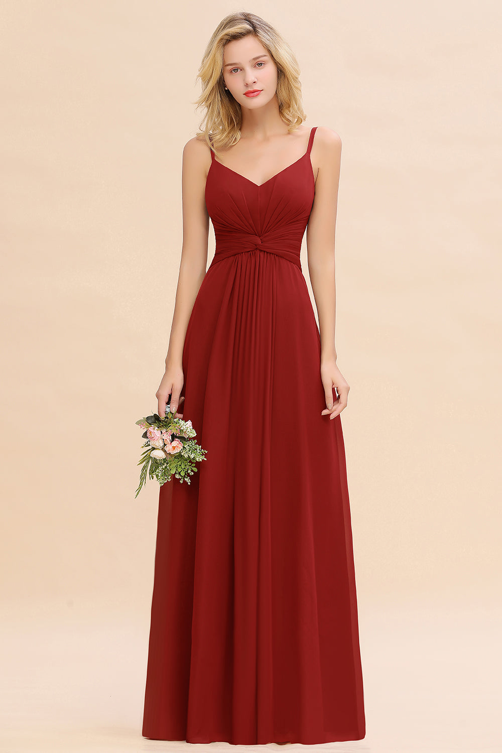 Red V-Neck Chiffon A-Line Long Bridesmaid Dress with Ruching