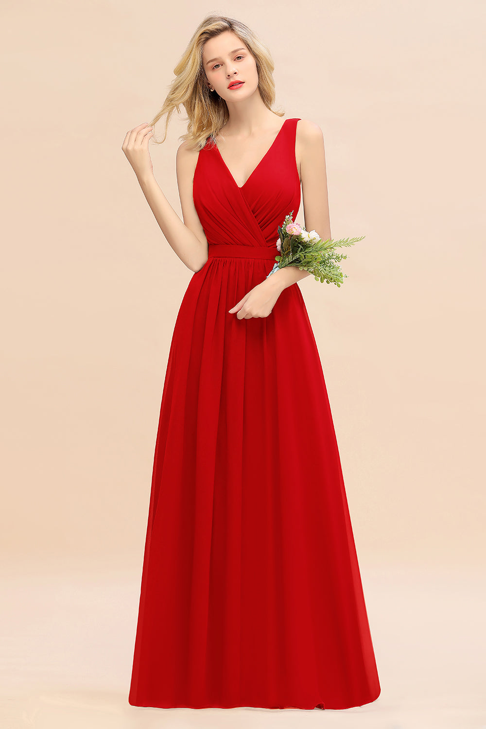 Red V-Neck Chiffon A-Line Long Bridesmaid Dress with Ruching