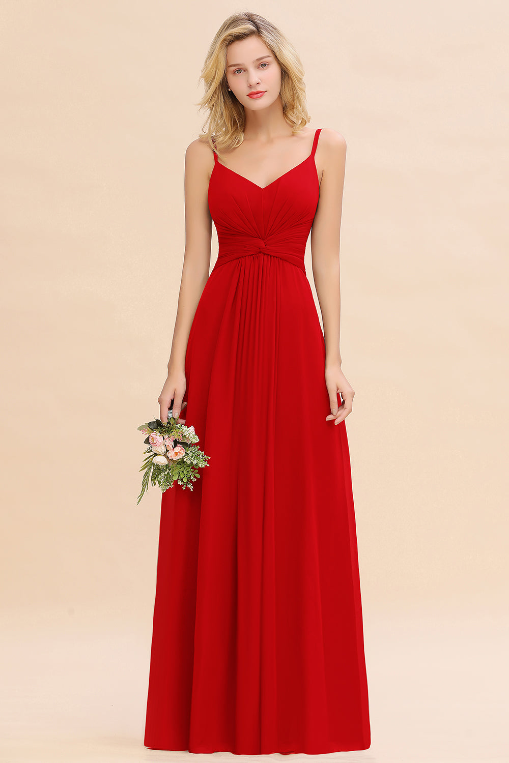 Red V-Neck Chiffon A-Line Long Bridesmaid Dress with Ruching