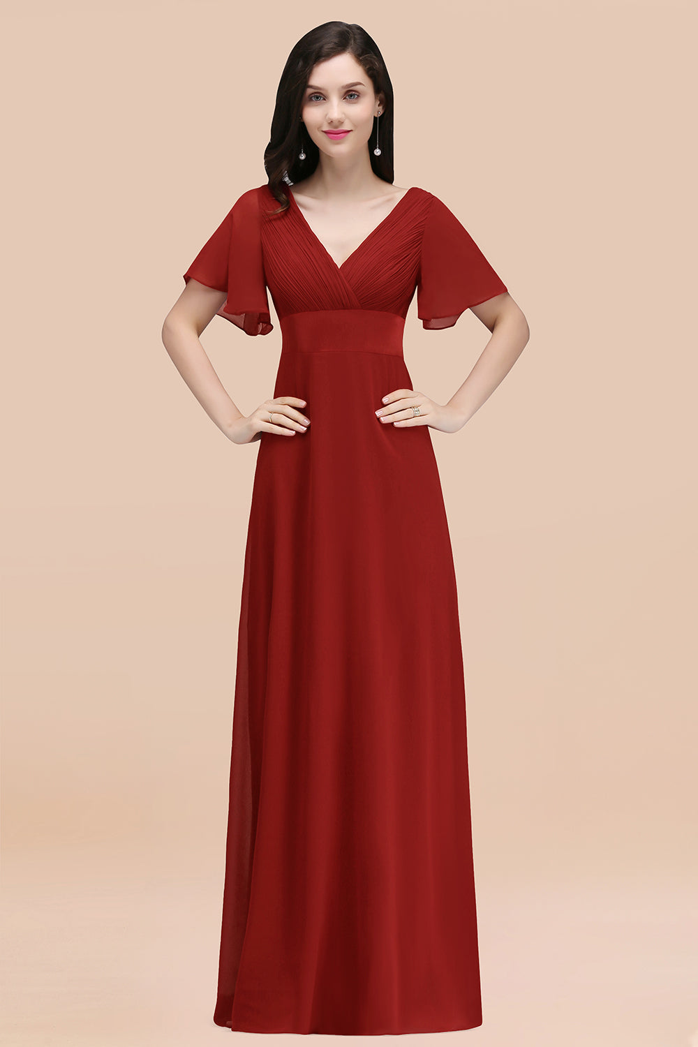 Red V-Neck Chiffon Empire Long Bridesmaid Dress with Pleats