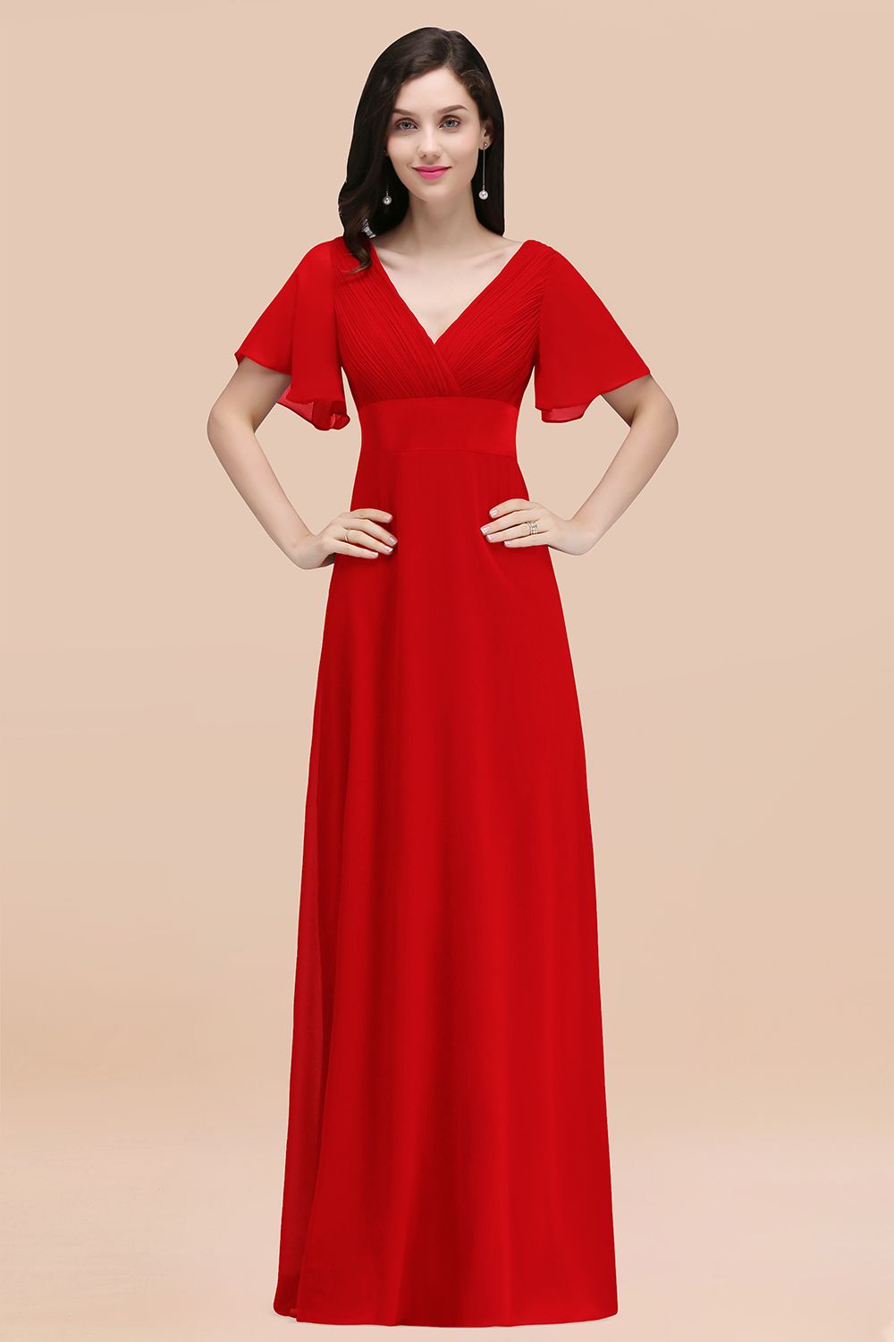 Red V-Neck Chiffon Empire Long Bridesmaid Dress with Pleats