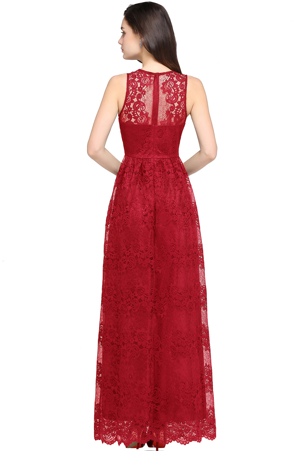 Red V-Neck Lace A-Line Long Bridesmaid Dress Back View