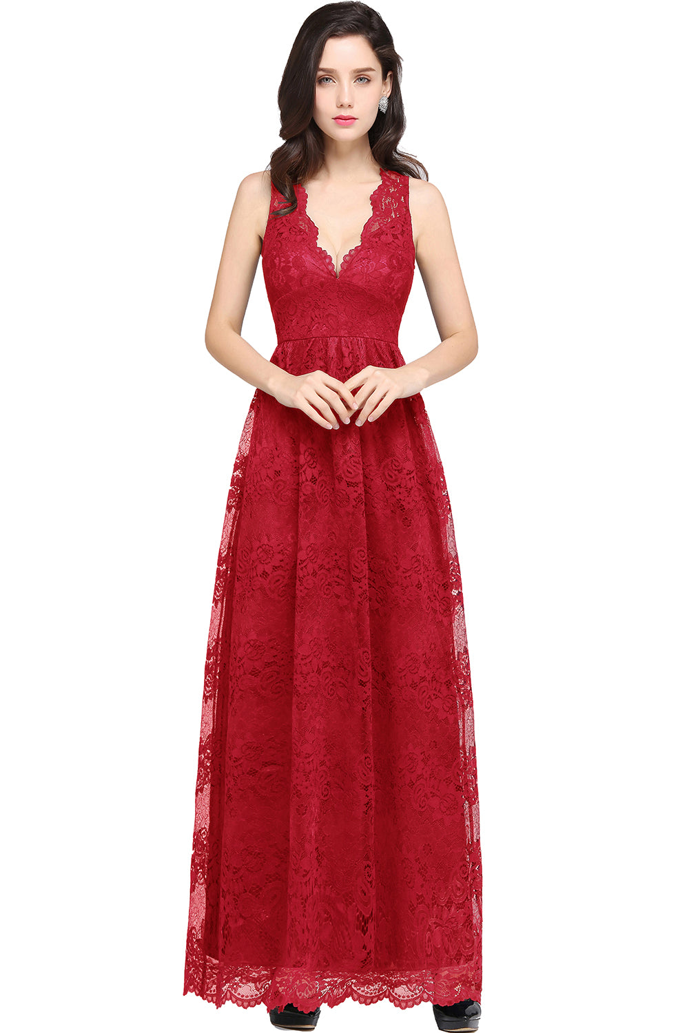 Red V-Neck Lace A-Line Long Bridesmaid Dress