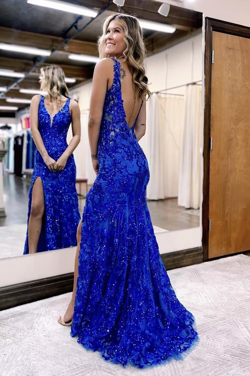 V-neck Sequin Backless Long Mermaid Prom Dress with Slit