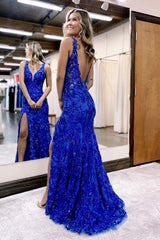 V-neck Sequin Backless Long Mermaid Prom Dress with Slit