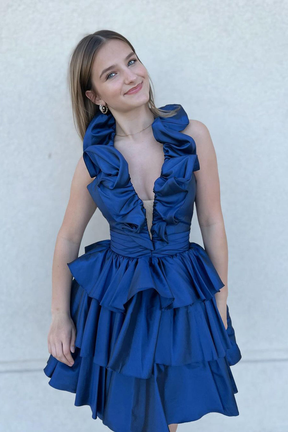 Royal Blue Deep V-Neck A-Line Homecoming Dress with Ruffles