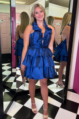 Royal Blue Deep V-Neck A-Line Homecoming Dress with Ruffles